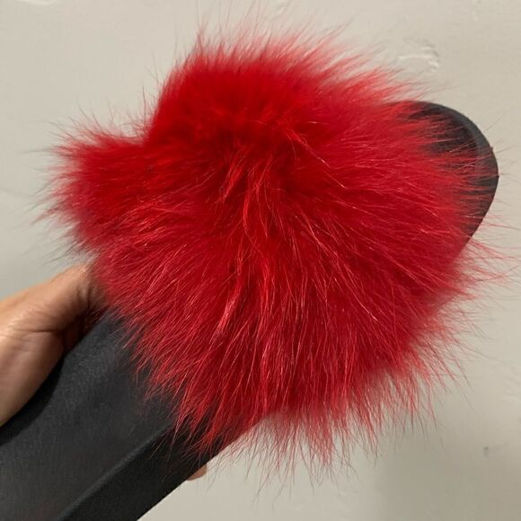 Handmade Red Fluffy Genuine Fox Fur Slippers, Soft Slide - Picture 9 of 12